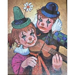 D.A.C. N.Y. Clowns Lithograph Kids Children Carved Wood Frame Creepy Violin